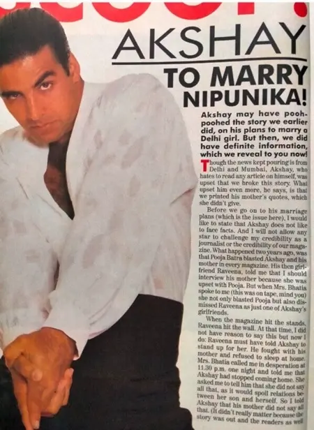 a news article on akshay kumar and nipunika sobti